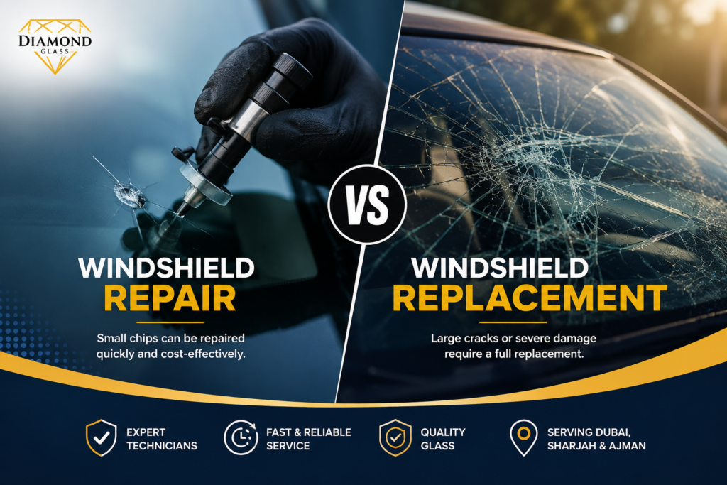 Windshield repair vs replacement comparison diamond glass uae