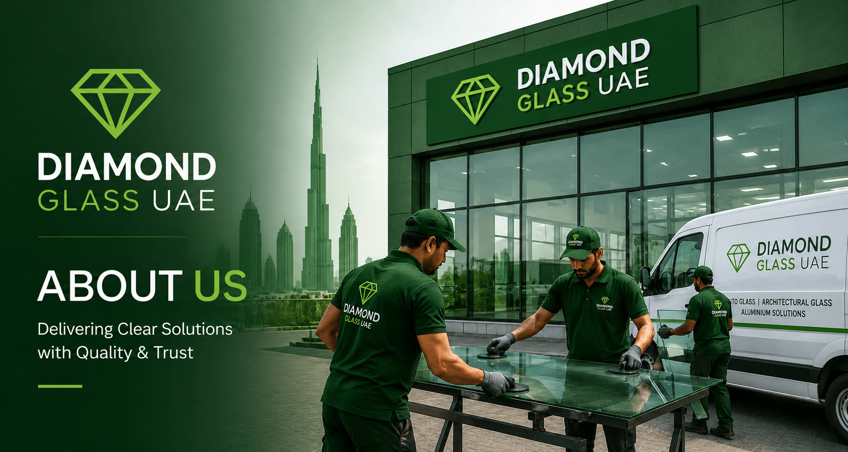 Diamond Glass About Us professional glass specialists and company team in the UAE