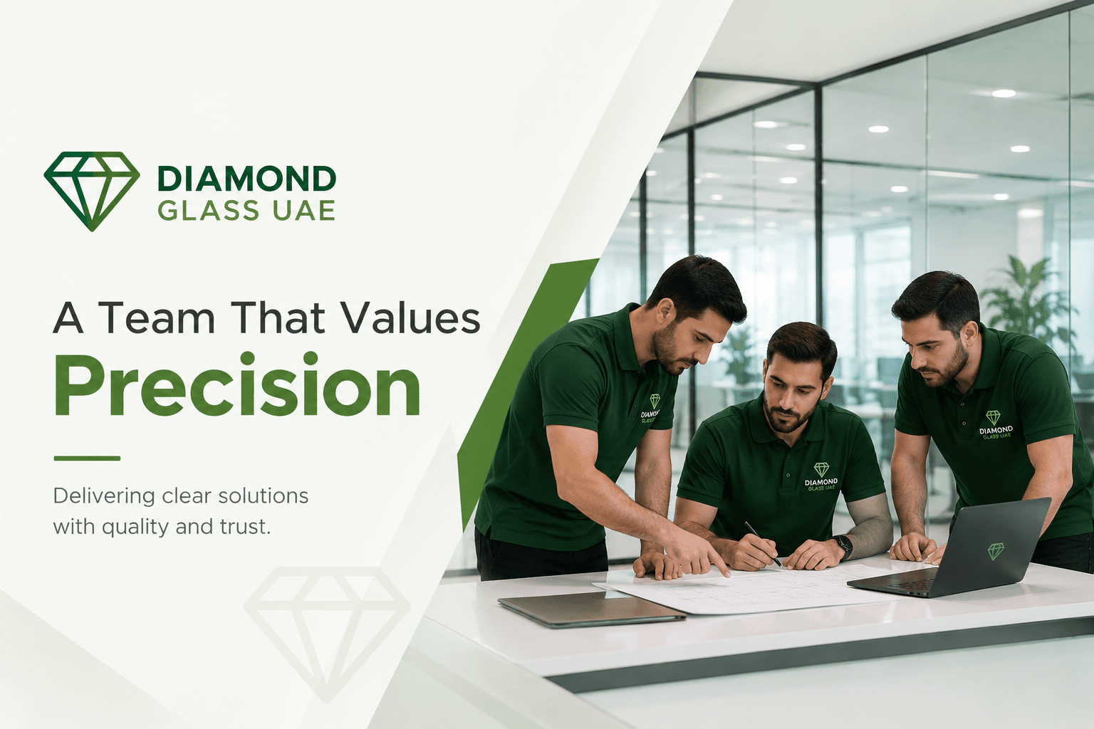 Diamond Glass About Us team members focused on precision and professional workmanship